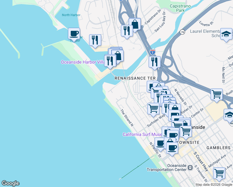map of restaurants, bars, coffee shops, grocery stores, and more near 999 North Pacific Street in Oceanside