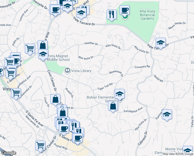 map of restaurants, bars, coffee shops, grocery stores, and more near 974 Marlin Drive in Vista