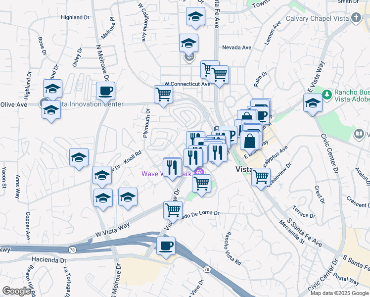 map of restaurants, bars, coffee shops, grocery stores, and more near 144 Camino Patricia in Vista