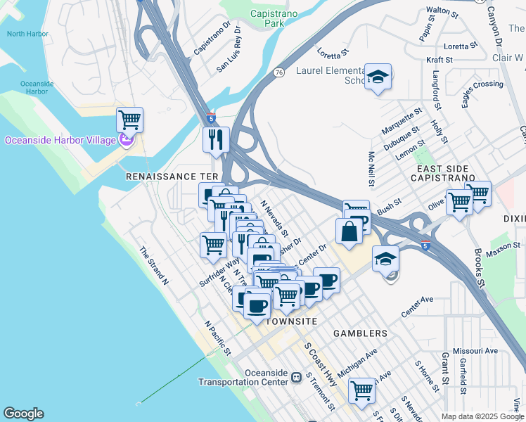 map of restaurants, bars, coffee shops, grocery stores, and more near 701 North Nevada Street in Oceanside