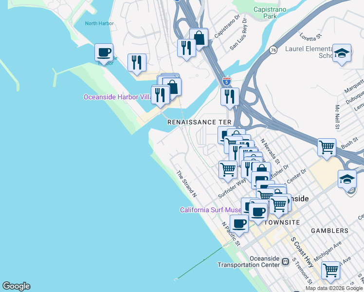 map of restaurants, bars, coffee shops, grocery stores, and more near 999 North Pacific Street in Oceanside