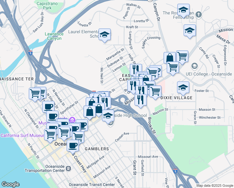 map of restaurants, bars, coffee shops, grocery stores, and more near 1328 Buena Street in Oceanside