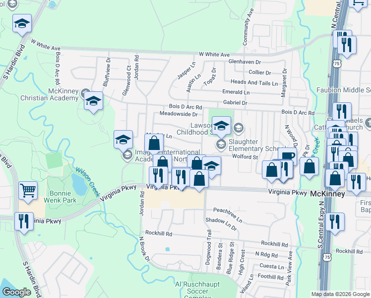 map of restaurants, bars, coffee shops, grocery stores, and more near 2809 Rosewood Boulevard in McKinney