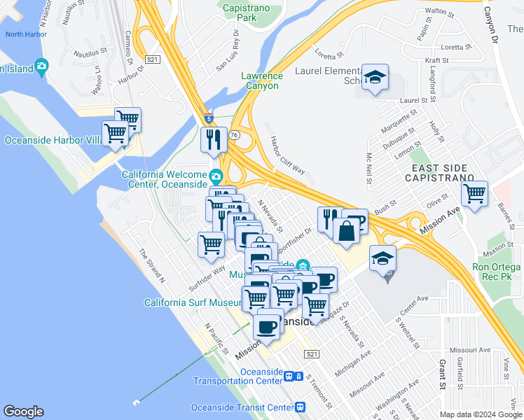 map of restaurants, bars, coffee shops, grocery stores, and more near 701 North Nevada Street in Oceanside