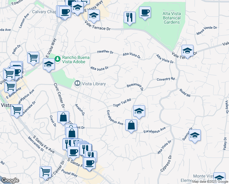 map of restaurants, bars, coffee shops, grocery stores, and more near 996 Marlin Drive in Vista