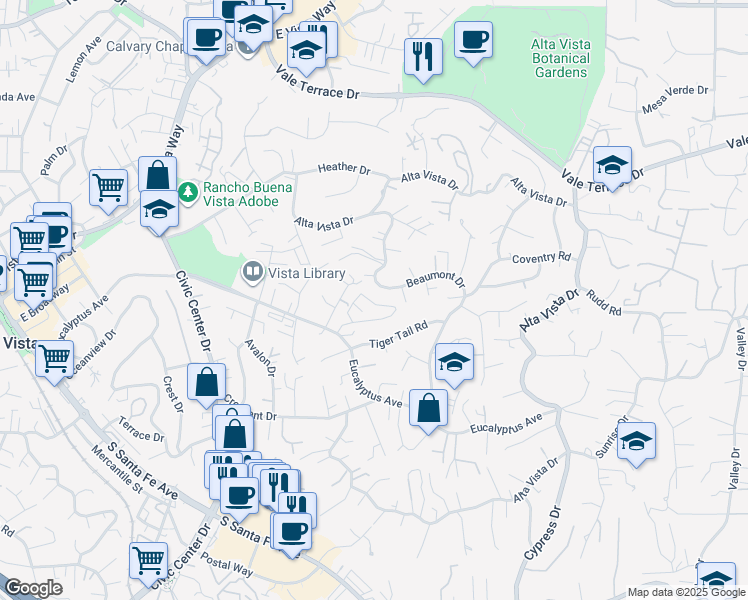 map of restaurants, bars, coffee shops, grocery stores, and more near 969 Marlin Drive in Vista