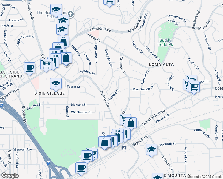 map of restaurants, bars, coffee shops, grocery stores, and more near 444 Canyon Drive in Oceanside