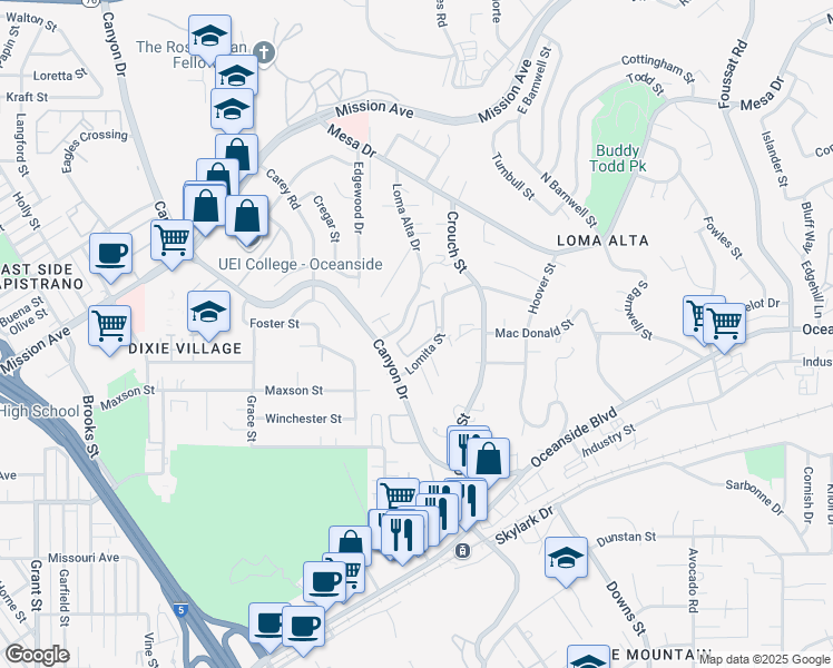 map of restaurants, bars, coffee shops, grocery stores, and more near in Camp Pendleton North