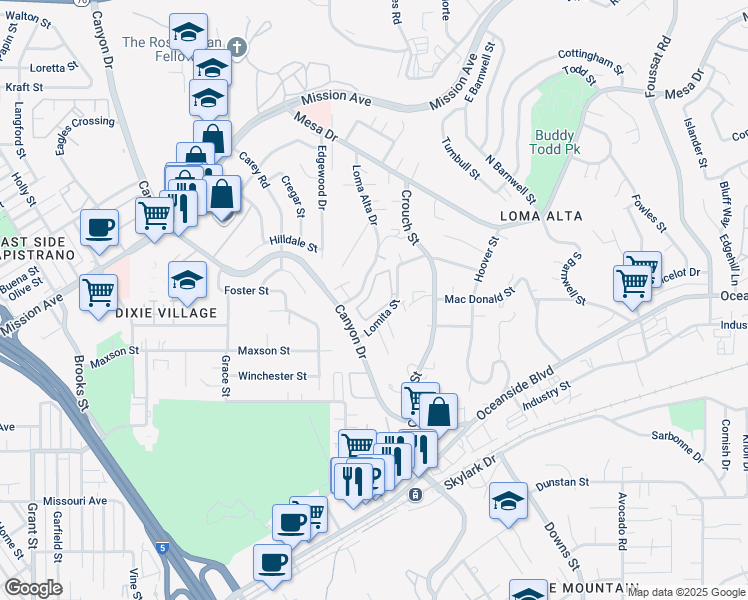map of restaurants, bars, coffee shops, grocery stores, and more near 444 Canyon Drive in Oceanside