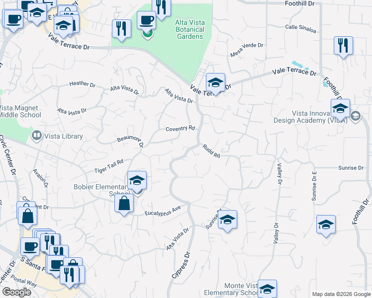 map of restaurants, bars, coffee shops, grocery stores, and more near 1670 Alta Vista Drive in Vista