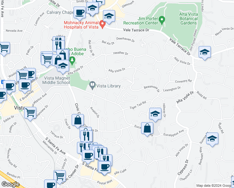 map of restaurants, bars, coffee shops, grocery stores, and more near 850 Eucalyptus Avenue in Vista