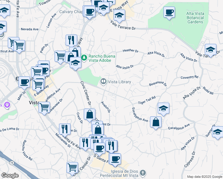 map of restaurants, bars, coffee shops, grocery stores, and more near 761 Eucalyptus Avenue in Vista
