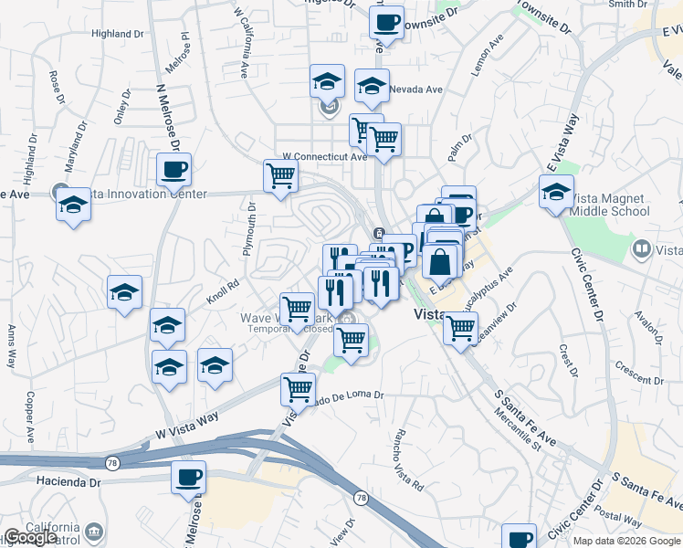 map of restaurants, bars, coffee shops, grocery stores, and more near 420 Vista Village Drive in Vista