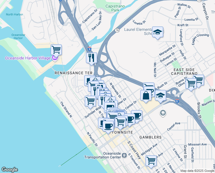 map of restaurants, bars, coffee shops, grocery stores, and more near 614 North Ditmar Street in Oceanside