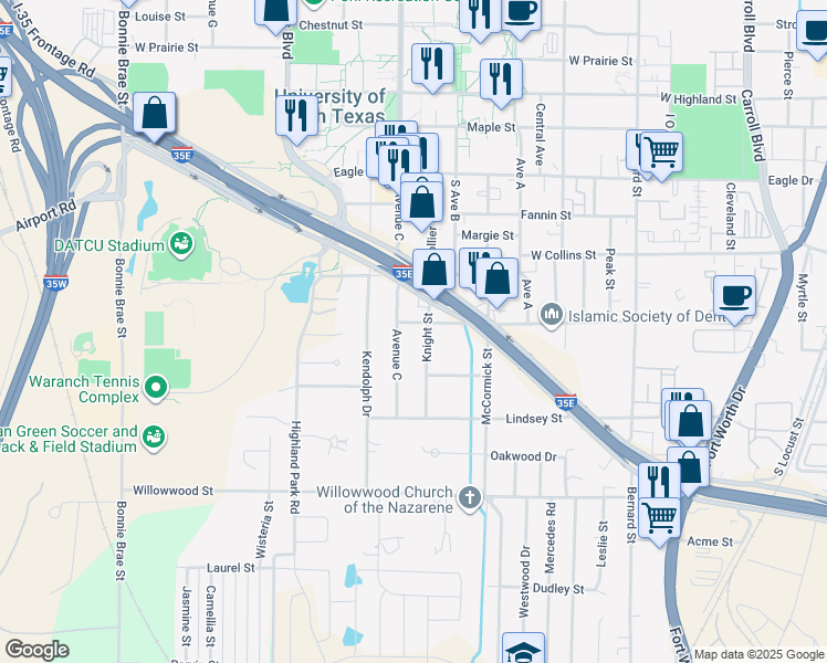map of restaurants, bars, coffee shops, grocery stores, and more near 1321 Avenue C in Denton