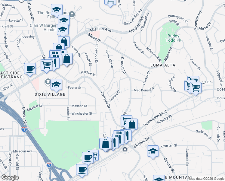 map of restaurants, bars, coffee shops, grocery stores, and more near 444 Canyon Drive in Oceanside