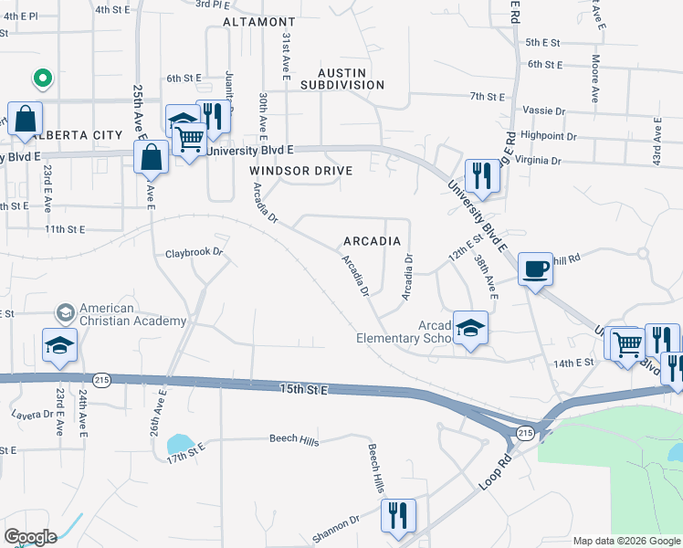 map of restaurants, bars, coffee shops, grocery stores, and more near 3331 Arcadia Drive in Tuscaloosa