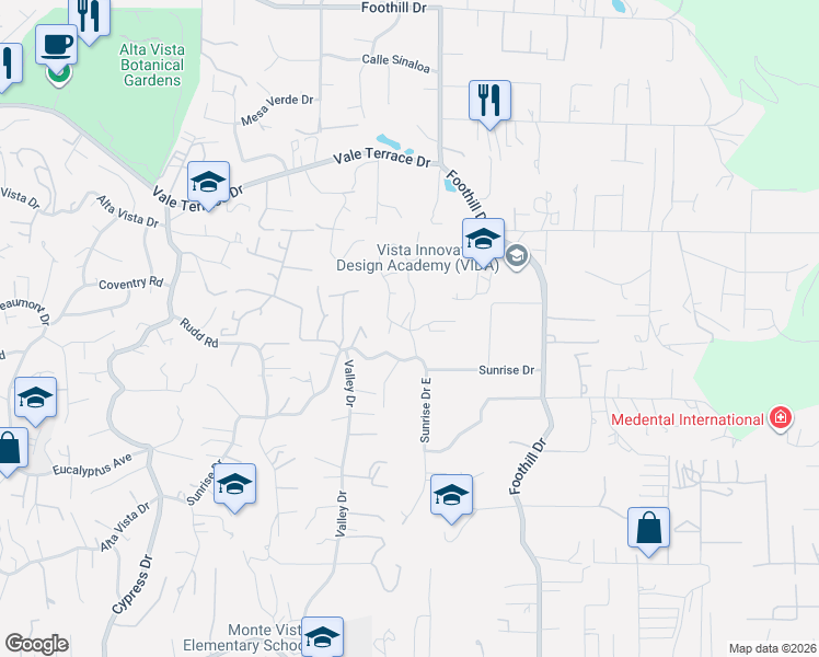 map of restaurants, bars, coffee shops, grocery stores, and more near 352 Sunrise Circle in Vista