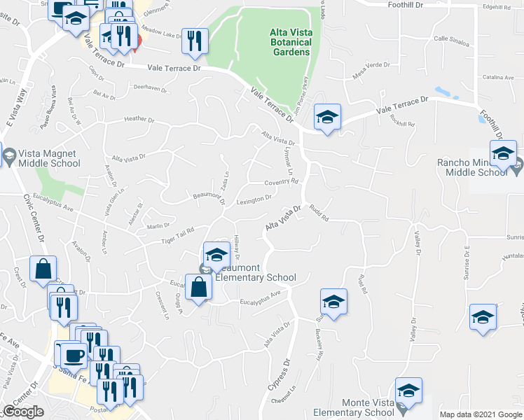 map of restaurants, bars, coffee shops, grocery stores, and more near 1272 Peach Grove Lane in Vista
