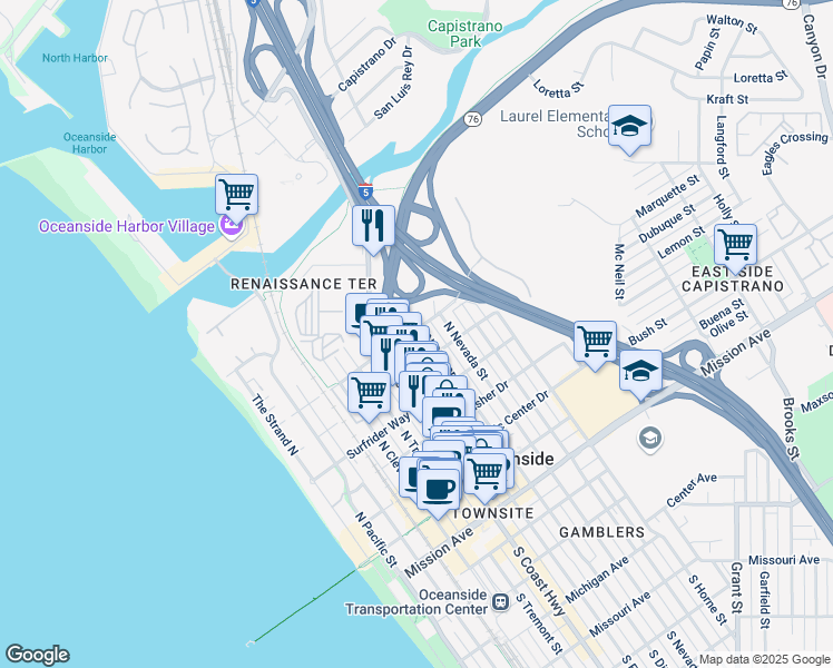 map of restaurants, bars, coffee shops, grocery stores, and more near 704 North Freeman Street in Oceanside