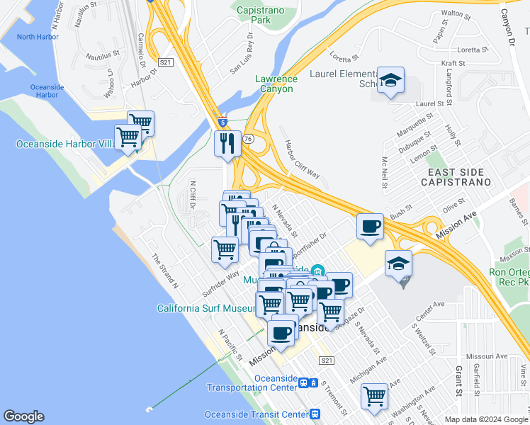 map of restaurants, bars, coffee shops, grocery stores, and more near 714 North Ditmar Street in Oceanside