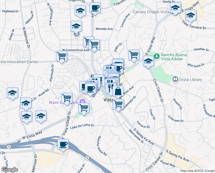 map of restaurants, bars, coffee shops, grocery stores, and more near 123 South Santa Fe Avenue in Vista