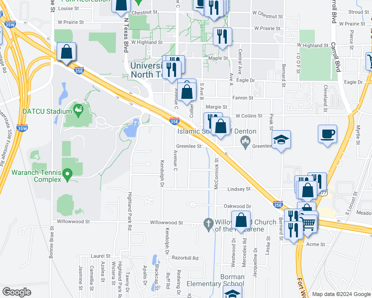 map of restaurants, bars, coffee shops, grocery stores, and more near 1402 Knight Street in Denton
