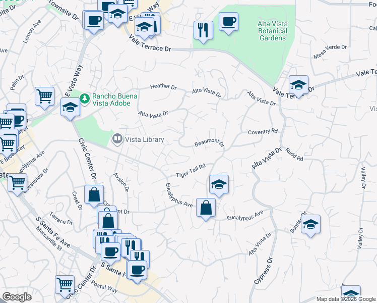 map of restaurants, bars, coffee shops, grocery stores, and more near 251 Beaumont Drive in Vista