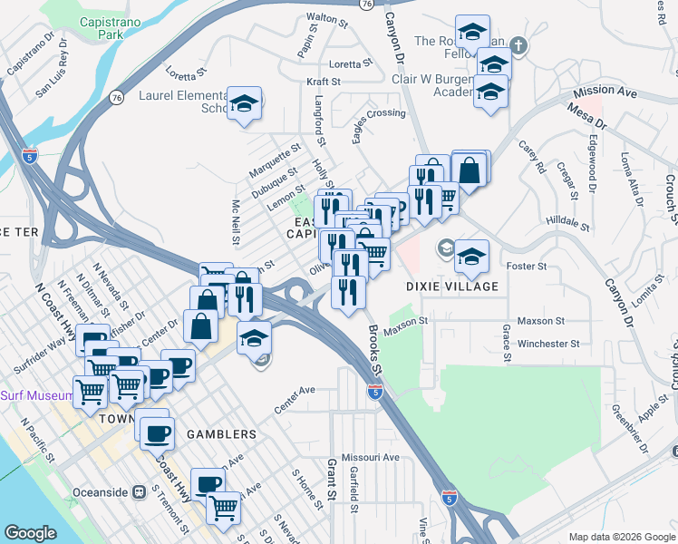 map of restaurants, bars, coffee shops, grocery stores, and more near 107 Brooks Street in Oceanside
