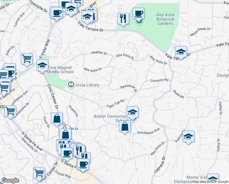 map of restaurants, bars, coffee shops, grocery stores, and more near 251 Beaumont Drive in Vista