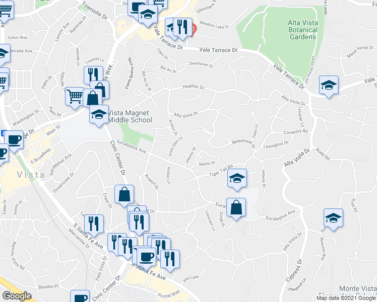 map of restaurants, bars, coffee shops, grocery stores, and more near 850 Eucalyptus Avenue in Vista