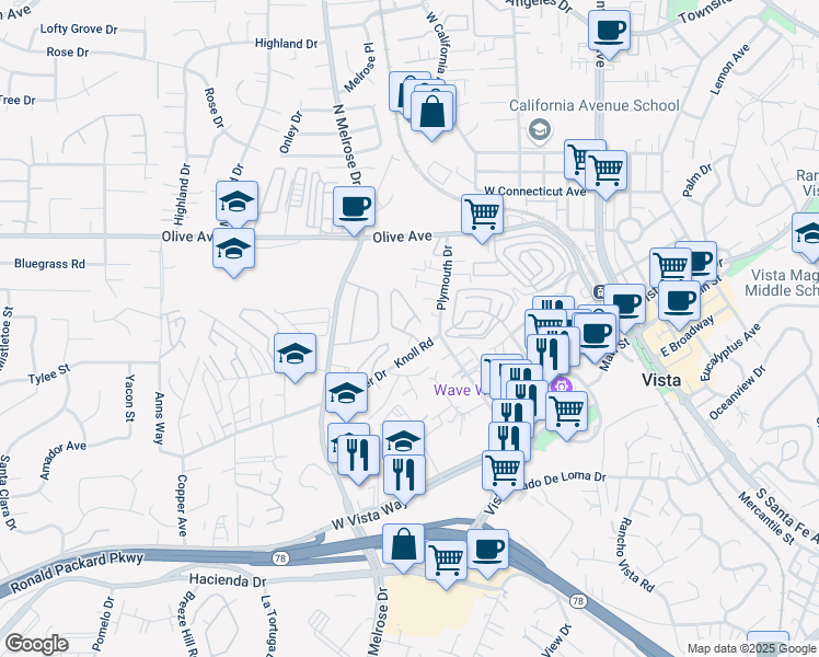 map of restaurants, bars, coffee shops, grocery stores, and more near 241 Knoll Road in Vista