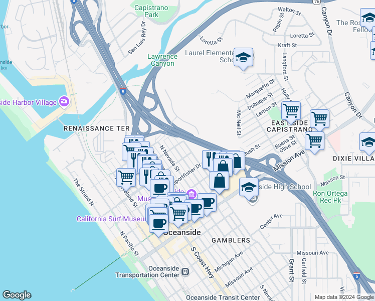 map of restaurants, bars, coffee shops, grocery stores, and more near 521 North Clementine Street in Oceanside