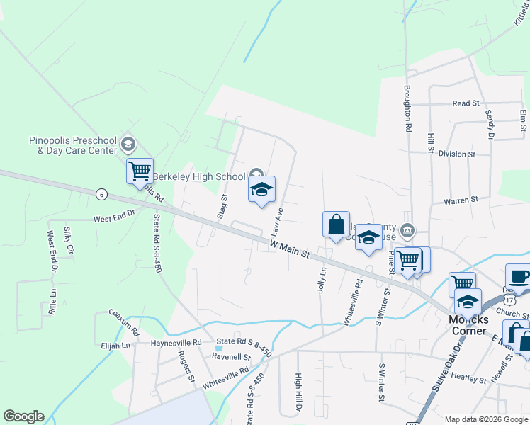 map of restaurants, bars, coffee shops, grocery stores, and more near 100 Law Avenue in Moncks Corner