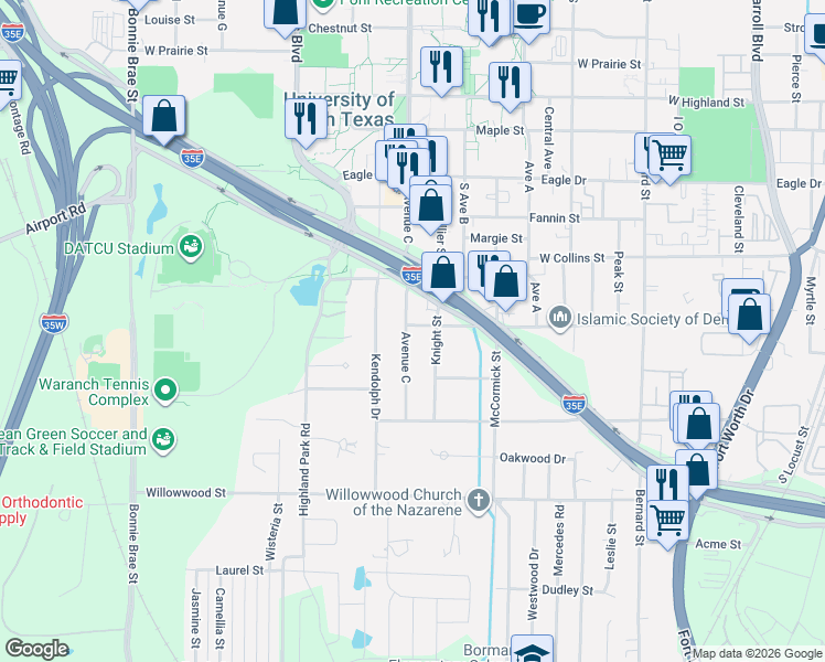 map of restaurants, bars, coffee shops, grocery stores, and more near 1321 Avenue C in Denton