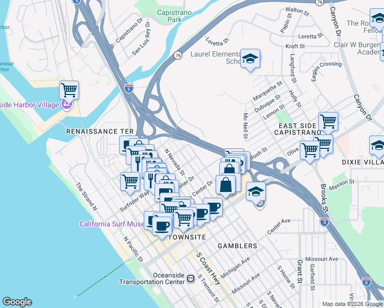 map of restaurants, bars, coffee shops, grocery stores, and more near 607 North Horne Street in Oceanside