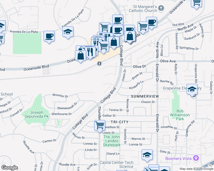 map of restaurants, bars, coffee shops, grocery stores, and more near 4145 Marcella Street in Oceanside