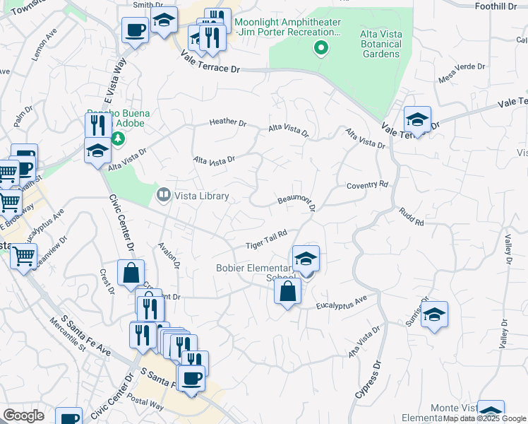 map of restaurants, bars, coffee shops, grocery stores, and more near 251 Beaumont Drive in Vista
