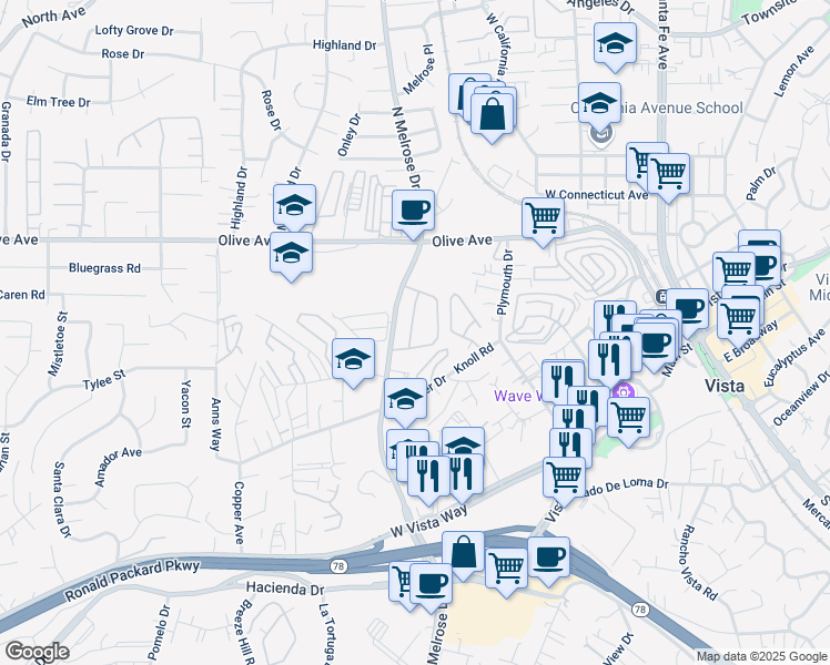 map of restaurants, bars, coffee shops, grocery stores, and more near 345 North Melrose Drive in Vista