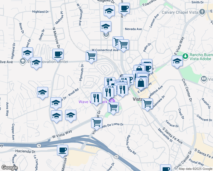 map of restaurants, bars, coffee shops, grocery stores, and more near 139 Camino Patricia in Vista