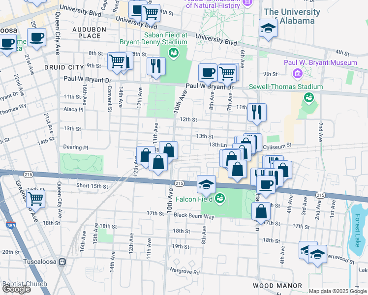 map of restaurants, bars, coffee shops, grocery stores, and more near 917 Homewood Drive in Tuscaloosa