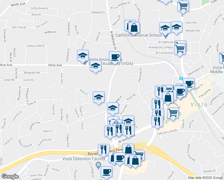 map of restaurants, bars, coffee shops, grocery stores, and more near 341 North Melrose Drive in Vista