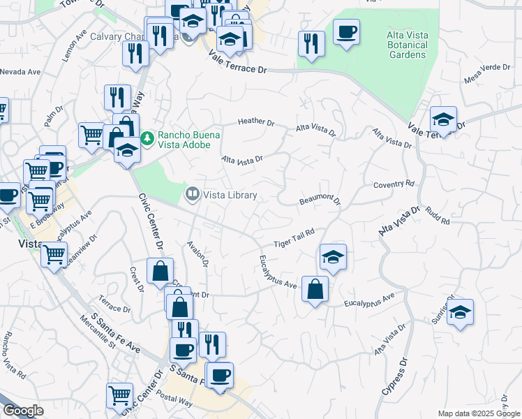 map of restaurants, bars, coffee shops, grocery stores, and more near 248 Alestar Street in Vista