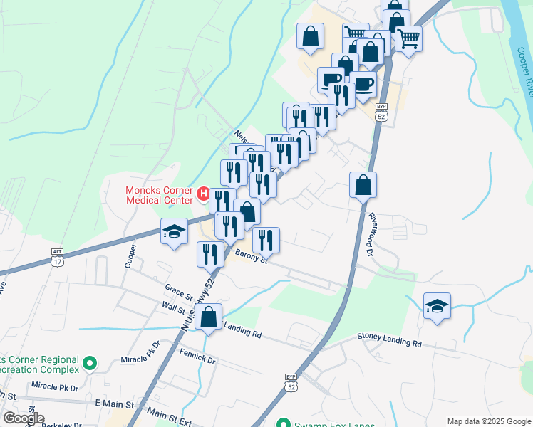 map of restaurants, bars, coffee shops, grocery stores, and more near in Moncks Corner
