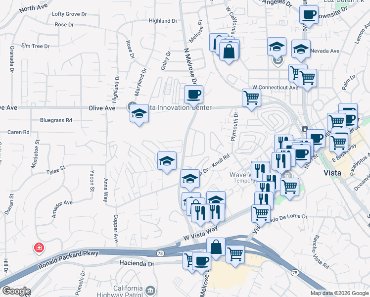 map of restaurants, bars, coffee shops, grocery stores, and more near 371 North Melrose Drive in Vista
