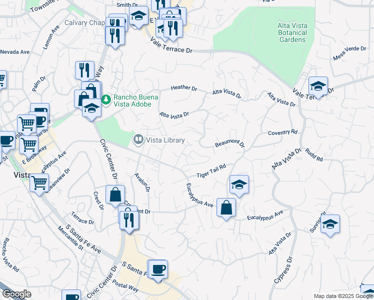 map of restaurants, bars, coffee shops, grocery stores, and more near 223 Beaumont Drive in Vista