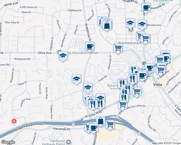 map of restaurants, bars, coffee shops, grocery stores, and more near 371 North Melrose Drive in Vista
