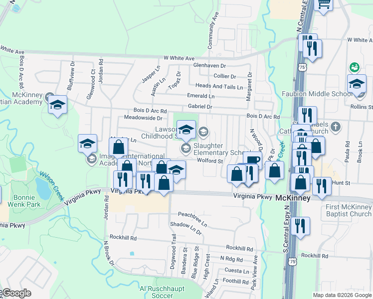 map of restaurants, bars, coffee shops, grocery stores, and more near 500 Dowell Street in McKinney