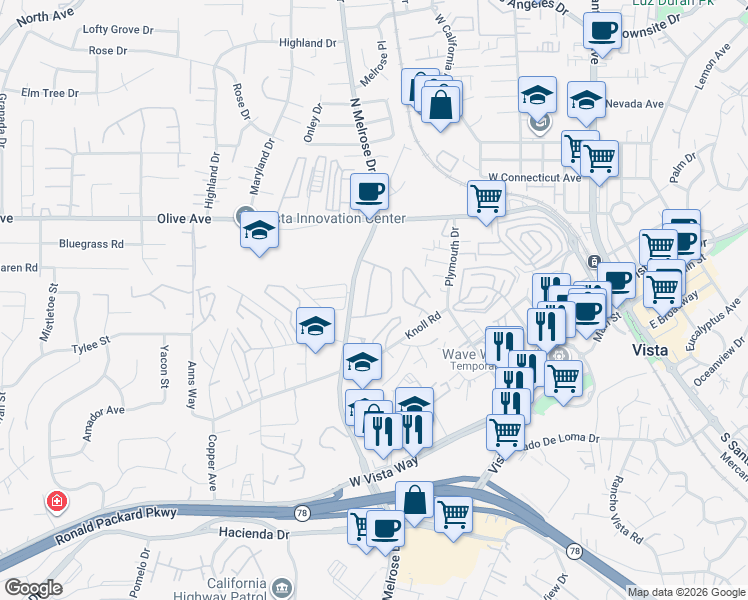 map of restaurants, bars, coffee shops, grocery stores, and more near 371 North Melrose Drive in Vista
