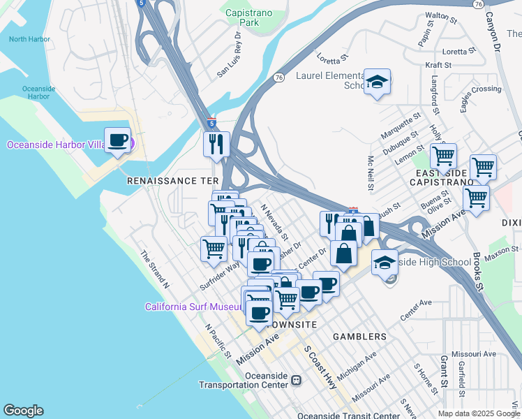 map of restaurants, bars, coffee shops, grocery stores, and more near 709 North Nevada Street in Oceanside